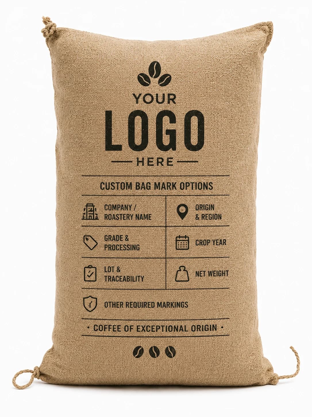 Custom branded Ethiopian green coffee sack with private label bag mark for wholesale roasters